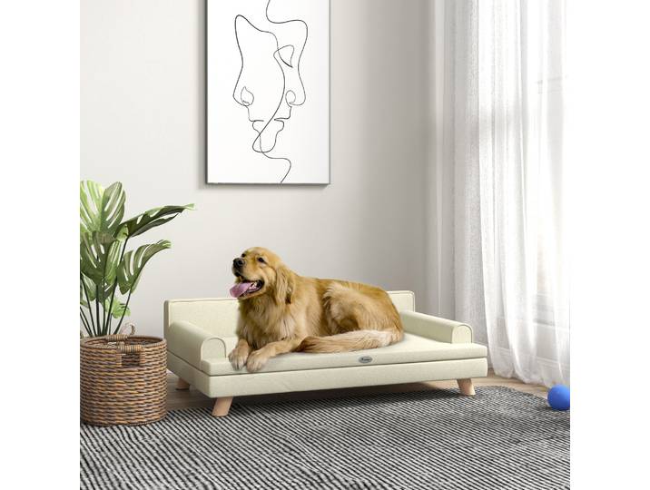 PawHut Canapé Chien Chat Scandinave Coussin Amovible Bois Beige