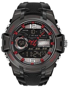 Everyday Crate SANDA 6015 Waterproof Sports Watch For Men Multifunctional Luminous Watch With Shock Resistant Design black Red
