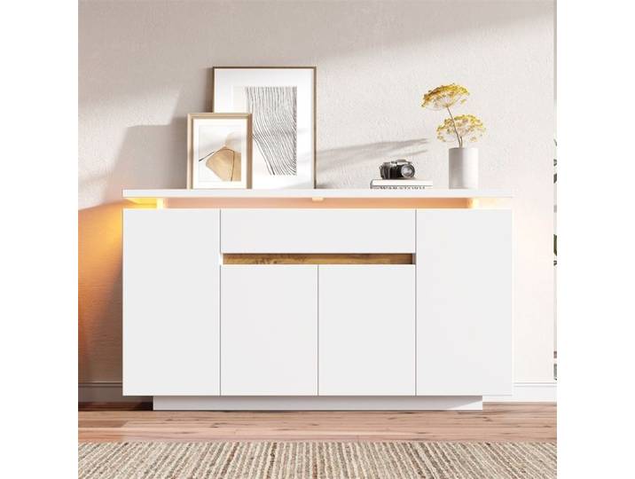 Buffet Bas avec Éclairage LED - Buffet de cuisine 140 x 40 x 80 cm - Sideboard avec 4 Portes et 1 Tiroir - Blanc