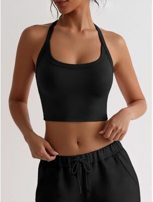 Women Boutique Women Halter Neck Crop Top Backless Sleeveless Summer Yoga Streetwear Top black m