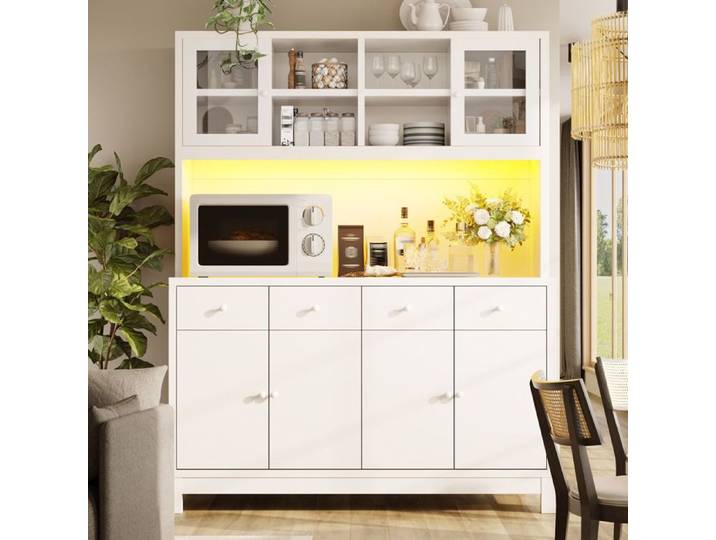 MEUBLIV Buffet de cuisine haut blanc LED RGB avec application portes vitrées 4 tiroirs étagères réglables