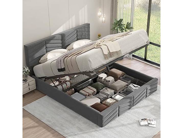 Polsterbett 140x200 mit Höhenverstellbarem Kopfteil - Elegantes Design, Holzlattenunterstützung und Einfache Montage - Ideal für Erwachsene & Jugendliche - Hochwertiger Holländischer Samt in Grau