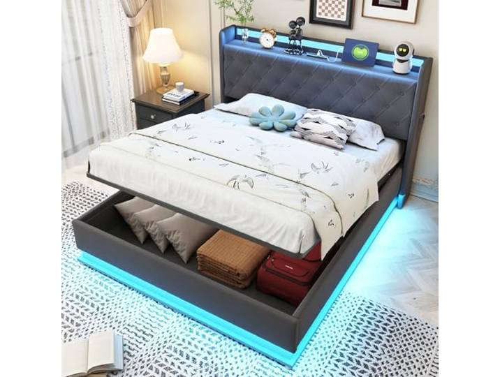 LAKFEW Doppelbett Polsterbett 140x200, Funktionsbett Stauraumbett mit Polster-Kopfteil LED & USB-Aufladung, Hängebett Bett Hydraulischem mit Lattenrost, Grau, Ohne Matratze, Leinen