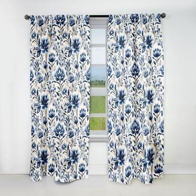 DESIGN ART "Designart ""Blue And White Damask Flower I"" Floral Blackout Traditional Curtain, Floral Panel"