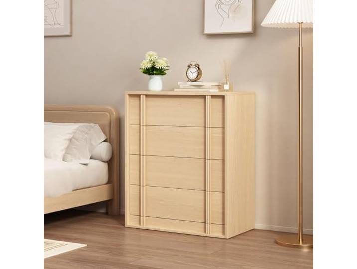 GarveeHome Kommode mit 4 Schubladen, Schubladenschrank für Schlafzimmer, Wohnzimmer und Flur, Aufbewahrungsschrank mit vertikalen Griffleisten, Stauraumschrank in Naturholz-Optik