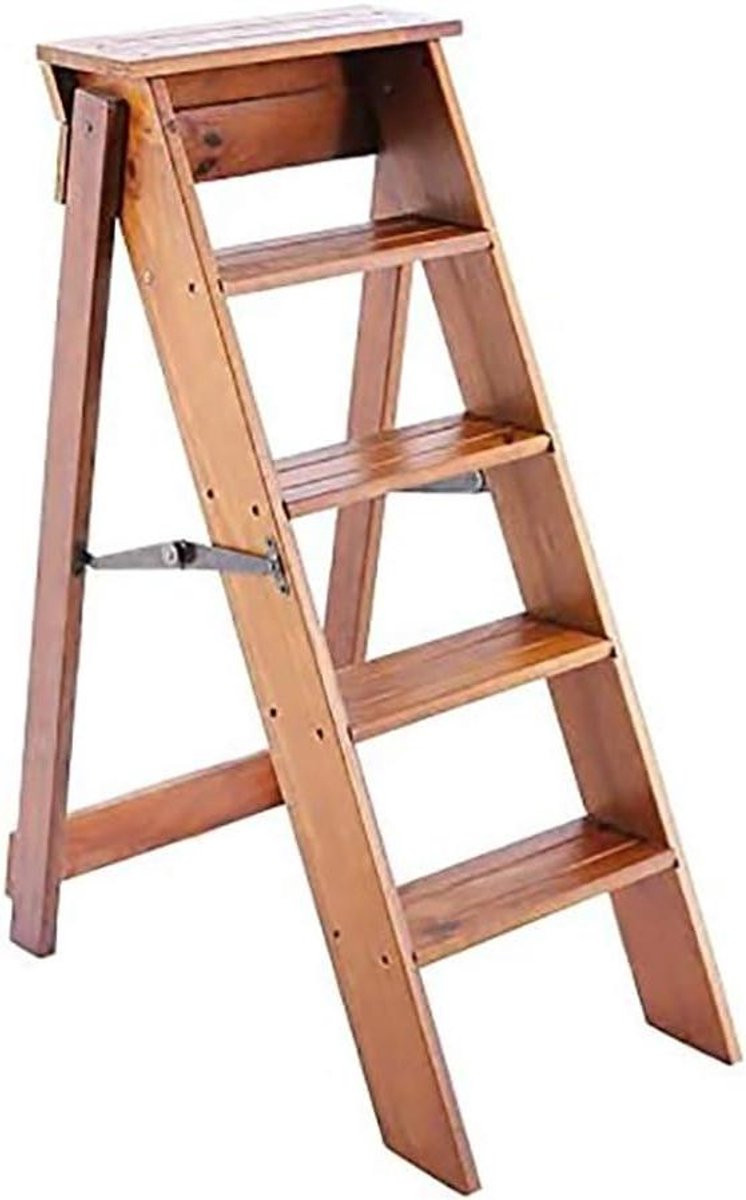 Multifunctionele massief houten vijftraps vouwladder met platform voor keuken, kantoor en bibliotheek