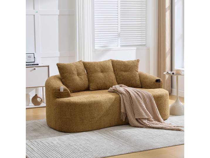 OKWISH Canapé Droit 2 Places - Canapé Moderne Jaune Moutarde en Chenille avec 3 Coussins Décoratifs