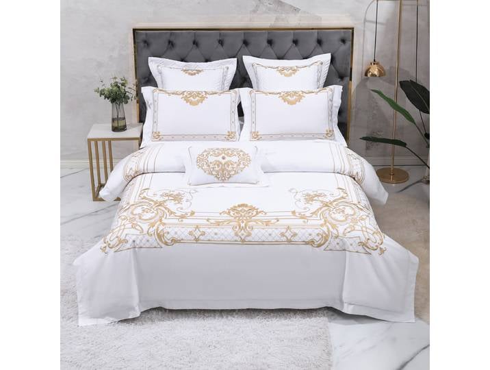 Parure de lit de luxe européenne en coton égyptien blanc, broderie dorée, housse de couette, drap-housse, taies d'oreiller, textile de maison solide