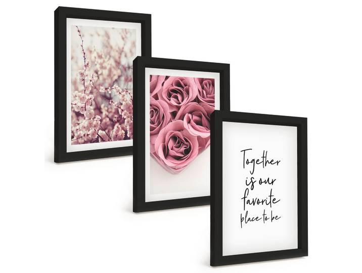 BILDER SET 3er Set - 20x30 cm Schwarzer Rahmen - Blumensträuße aus Rosen mit einer Inschrift