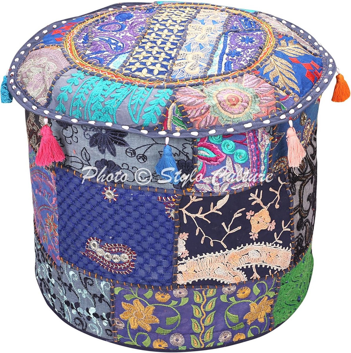 Vintage Patchwork Ottomaanse Poef Cover - Marineblauw met Borduurwerk (40 cm)