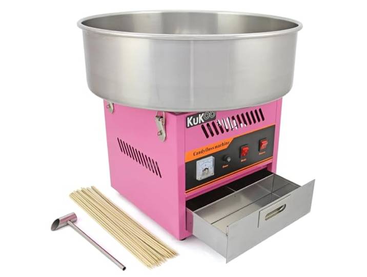 Machine Barbe à Papa Professionnelle Rétro en Inox Rose Bol 50 cm Thermomètre Intégré Utilisation Facile Portable Appareil Barbe à Papa pour Fête Anniversaire CHRD HORECA [Doseur & Bâtons INCLUS]