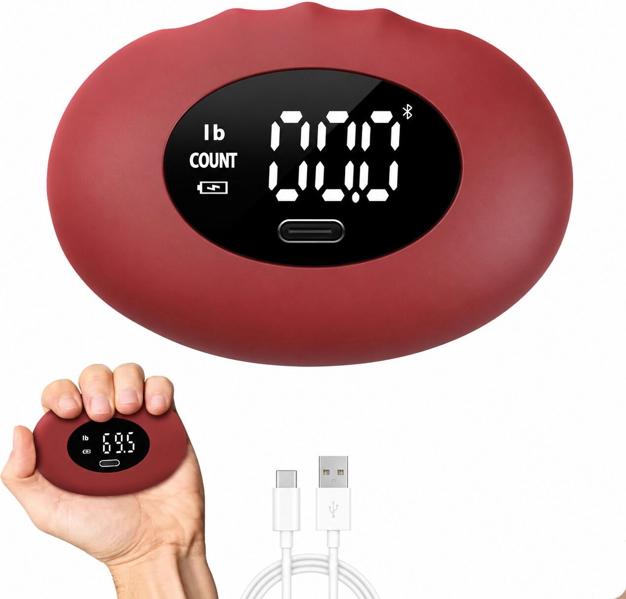 INF Wiederaufladbares Handdynamometer - Digitaler Griffkraftmesser bis zu 180 kg Weinrot