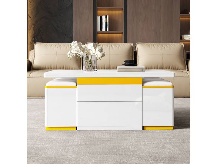 PINGGO Table basse moderne blanche haute brillance, réglable en hauteur, pliable, multifonctionnelle, table d'appoint 100x50x43cm