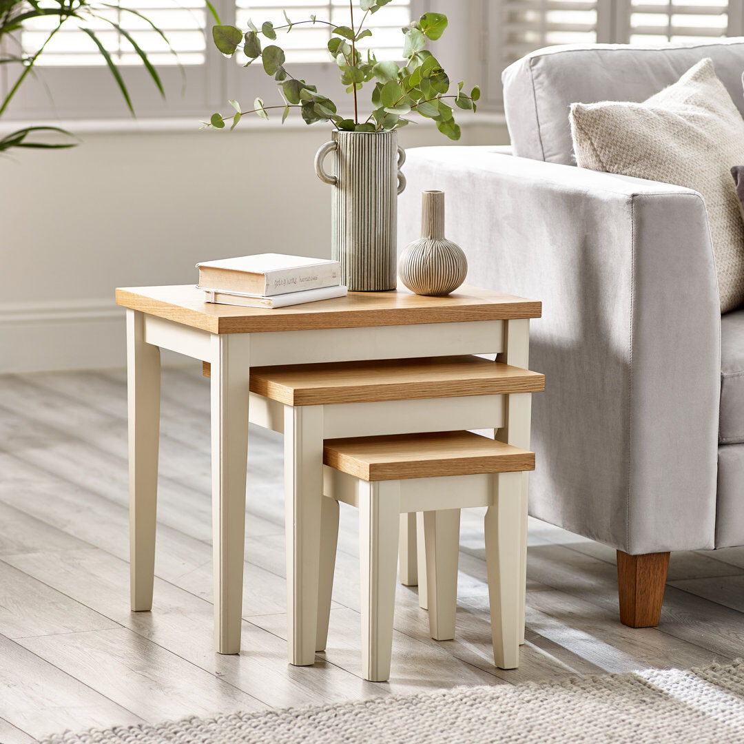 Ophelia & Co. Sodhi Solid Wood 3 Piece Living Room Table Set - Traditional Farmhouse Cottage Nesting Tables Oak Cream 52cm H X 55cm W X 40cm D
