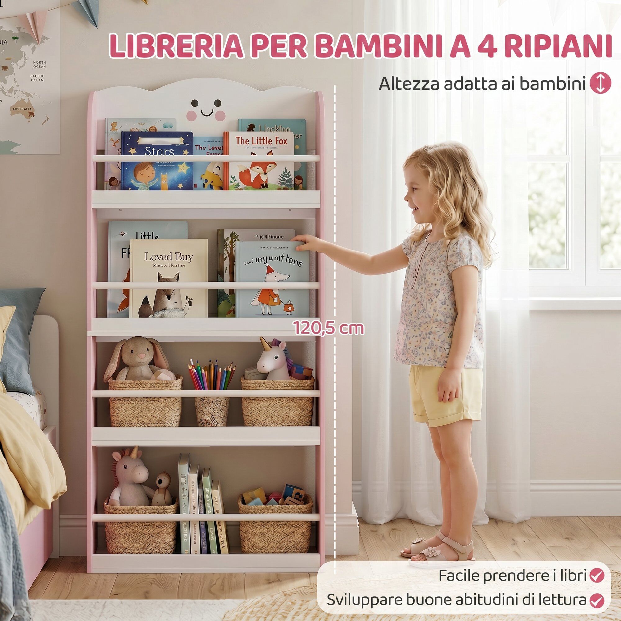 Altro Libreria Montessoriana Per Bambini 3-6 Anni Con Tema Zucchero Filato, 4 Ripiani In Legno, Per Cameretta, Rosa