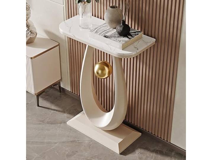 Sinterstein Konsolentisch 80cm Wassertropfen Goldkugel für Eingang Flur Luxus Design Wassertropfen Goldkugel Platzsparend für Kleine Wohnung Flur(White 1)
