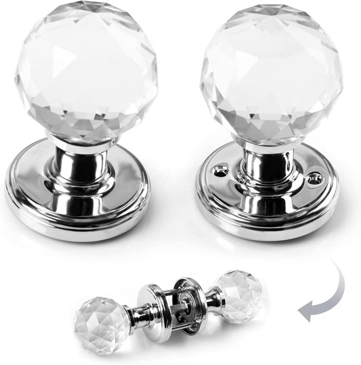 Set van 2 Extra Grote Ronde Kristallen Deurklink 65mm - Luxe Glazen Deurknoppen