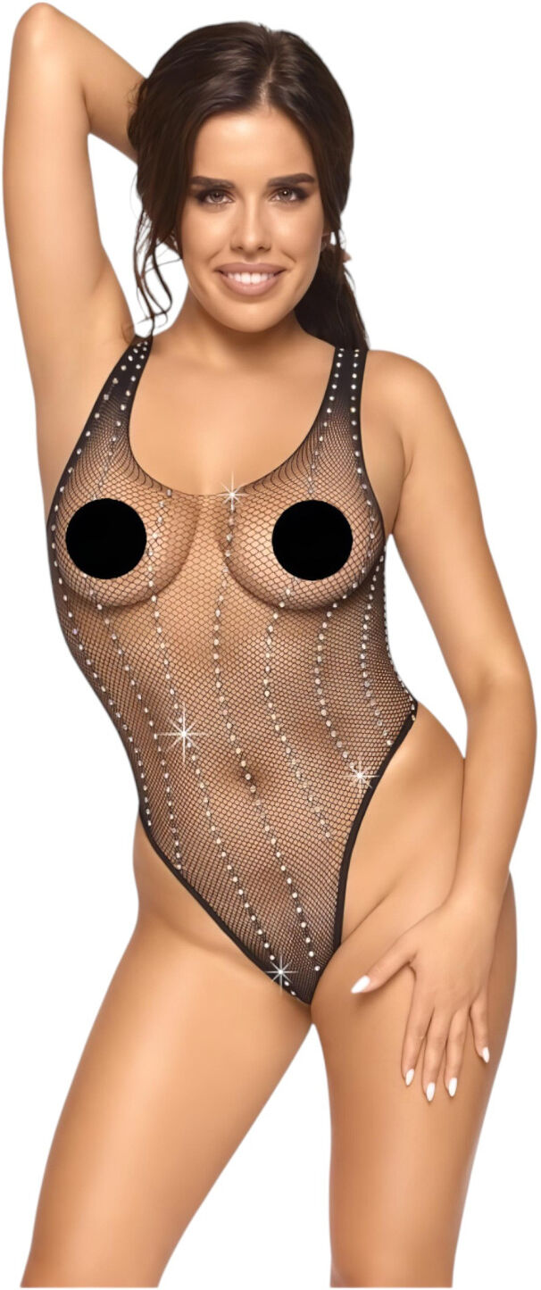 Cottelli - black fishnet bodysuit with rhinestones (S-L)