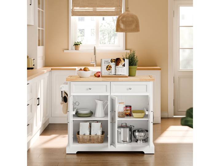 SoBuy FKW71-III-WN Îlot de cuisine sur roulettes, îlot de cuisine autoportant avec plan de travail extensible, chariot de cuisine sur roulettes blanc
