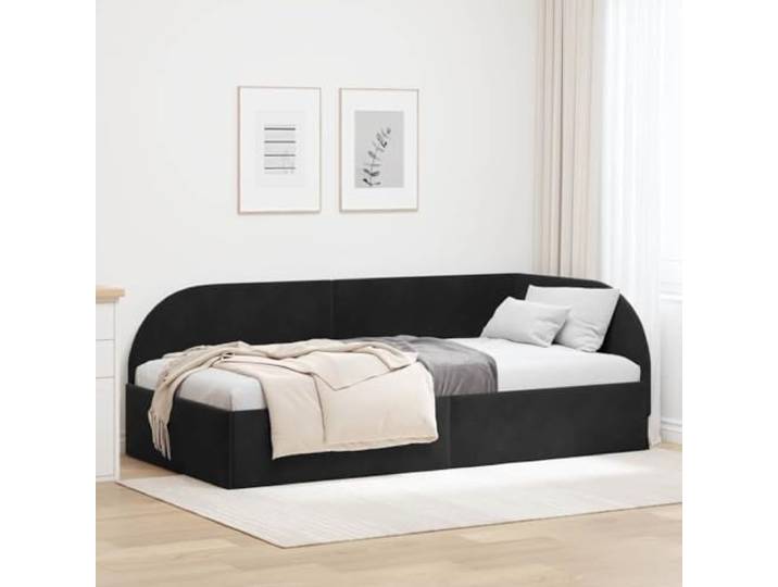 Samtener L förmiger Eckbettrahmen platzsparendes Zwei in Eins Design 90x200 Eckbettgestell mit Kopfteil Schwarz 90x200 cm Samt L-Form Sofa Bett Platzsparendes Design mit Lattenrost für kleines