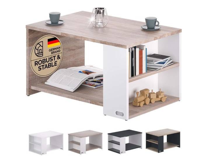 CASARIA® Table basse rectangulaire blanc chêne 90x59x48 cm Table de salon 50kg Table basse moderne design avec rangement