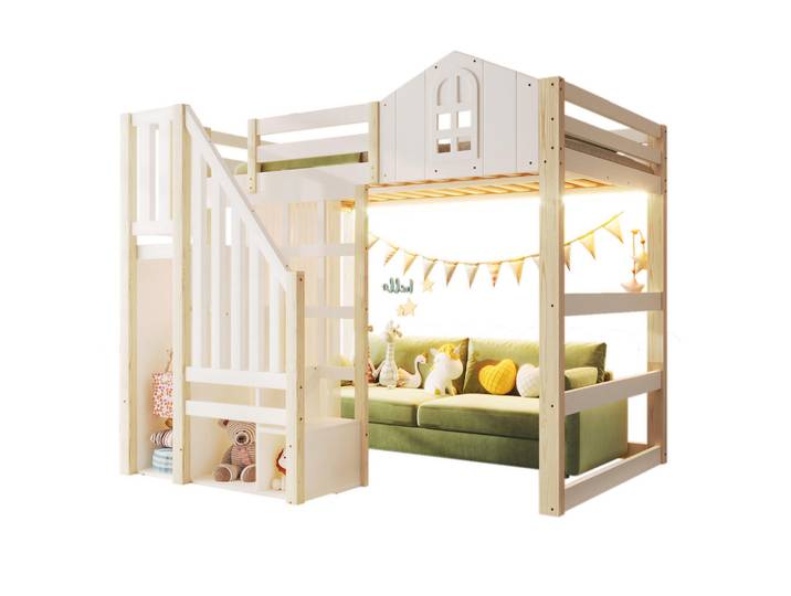 Flieks Hochbett 140x200cm Weiß + Natur LED-Licht Fensterform Ablageleiter, Mehrfarbig, Holz, 140x200 cm, Schlafzimmer, Betten