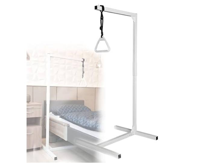 GYKOZY Trapezstange für den Nachttisch zur Mobilitätshilfe für Senioren, höhenverstellbarer Bodenständer, robuster Stahlrahmen, Tragkraft 113 kg, werkzeuglose Montage
