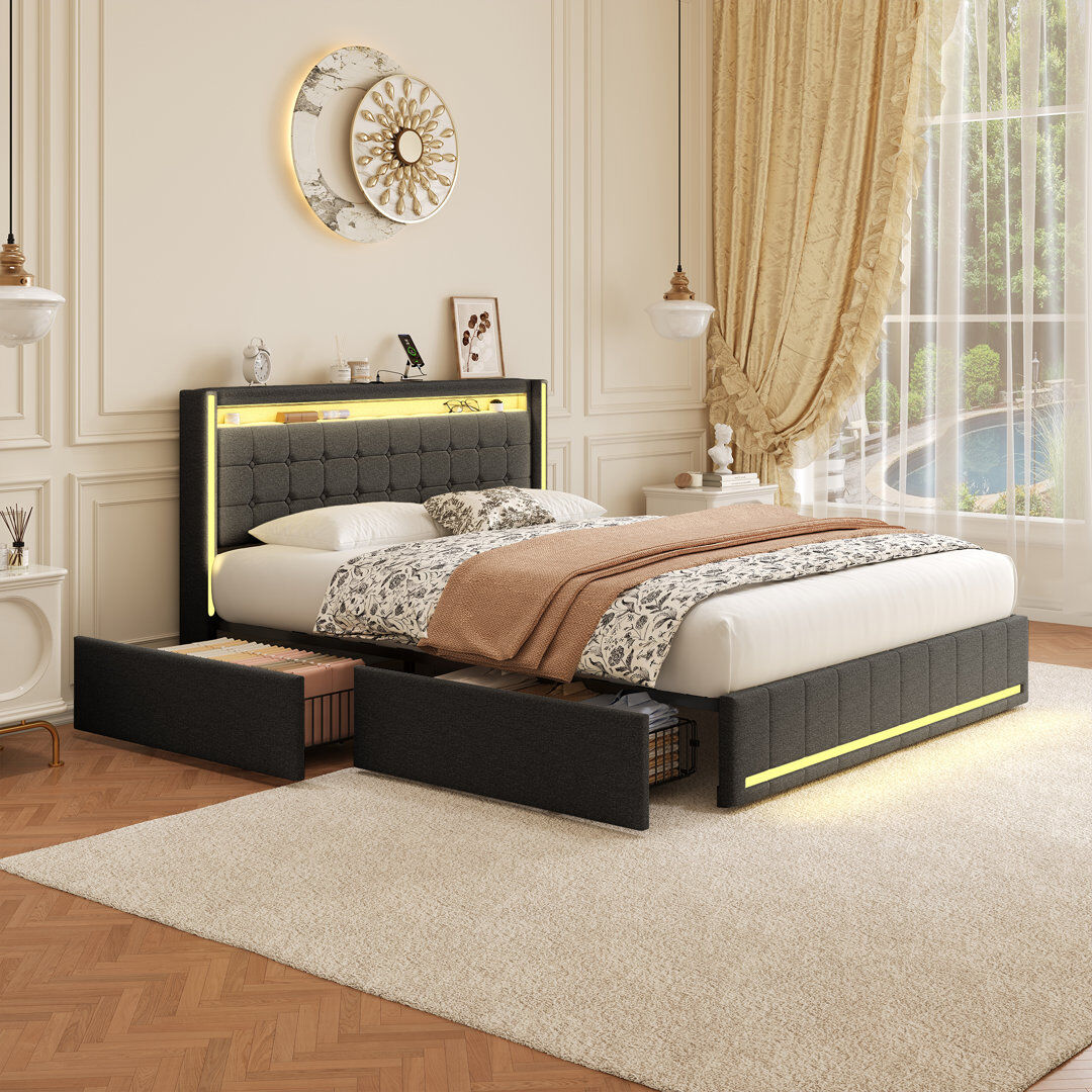 Ivy Bronx Estella Linen Upholstered Bed With LED Lighting And 4 Storage Drawers Grey European Double (140 x 200 cm)