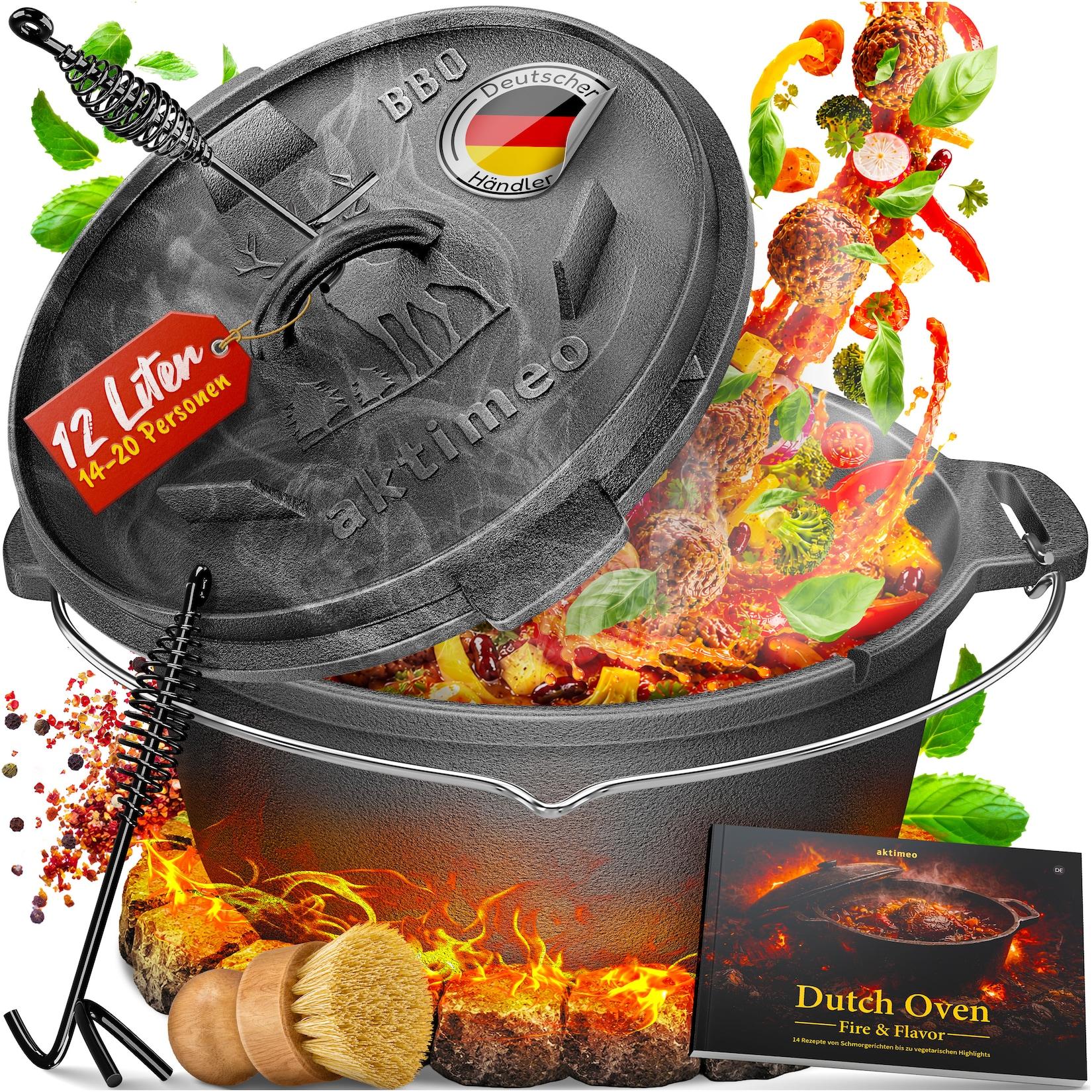 aktimeo Dutch Oven 12 Liter – Gusseisentopf mit Deckel aus Gusseisen inkl. Zubehör & Rezeptbuch für Grill, Lagerfeuer, Backofen und Induktion