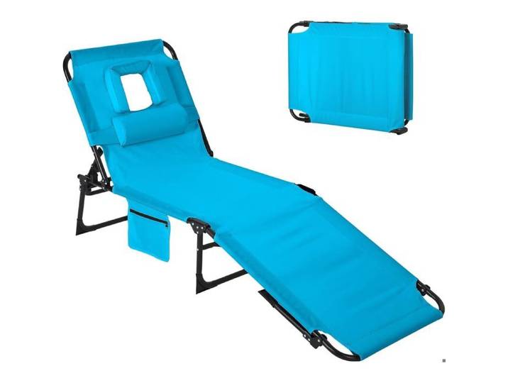 190cm Chaise Longue transat bain de soleil avec Dossier Réglable en 5 Positions fauteuil relax Transat De Plage Imperméable bleu
