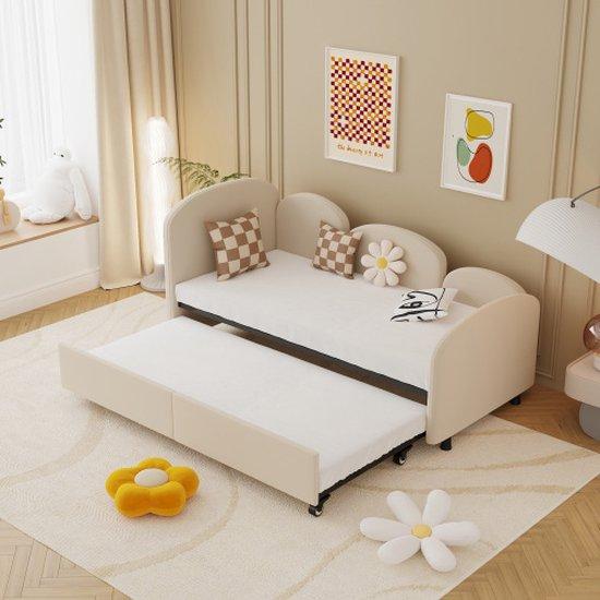 Tweeersitzer-Tagbett mit Aufbewahrungsregalen, weichem Bezug, Schlaf- und Wohnzimmer-Tagbett, Moderne Schlafbank-Tagbett-Struktur für Wohnzimmer, Kinderzimmer, Schlafzimmer, moderne Stil, Beige
