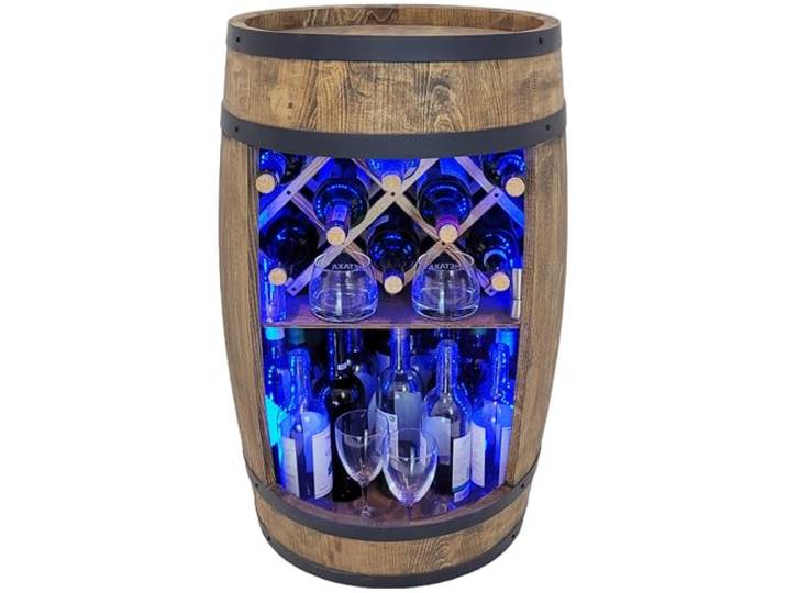 weeco Holzfass mit weinhalter RGB LED Beleuchtung - Weinregal fassbar. Rustikaler deko Barschrank Weinständer – Fassbier, Whiskybar Flaschenständer. Hausbar Geschenk für Mann (Dunkelbraun)