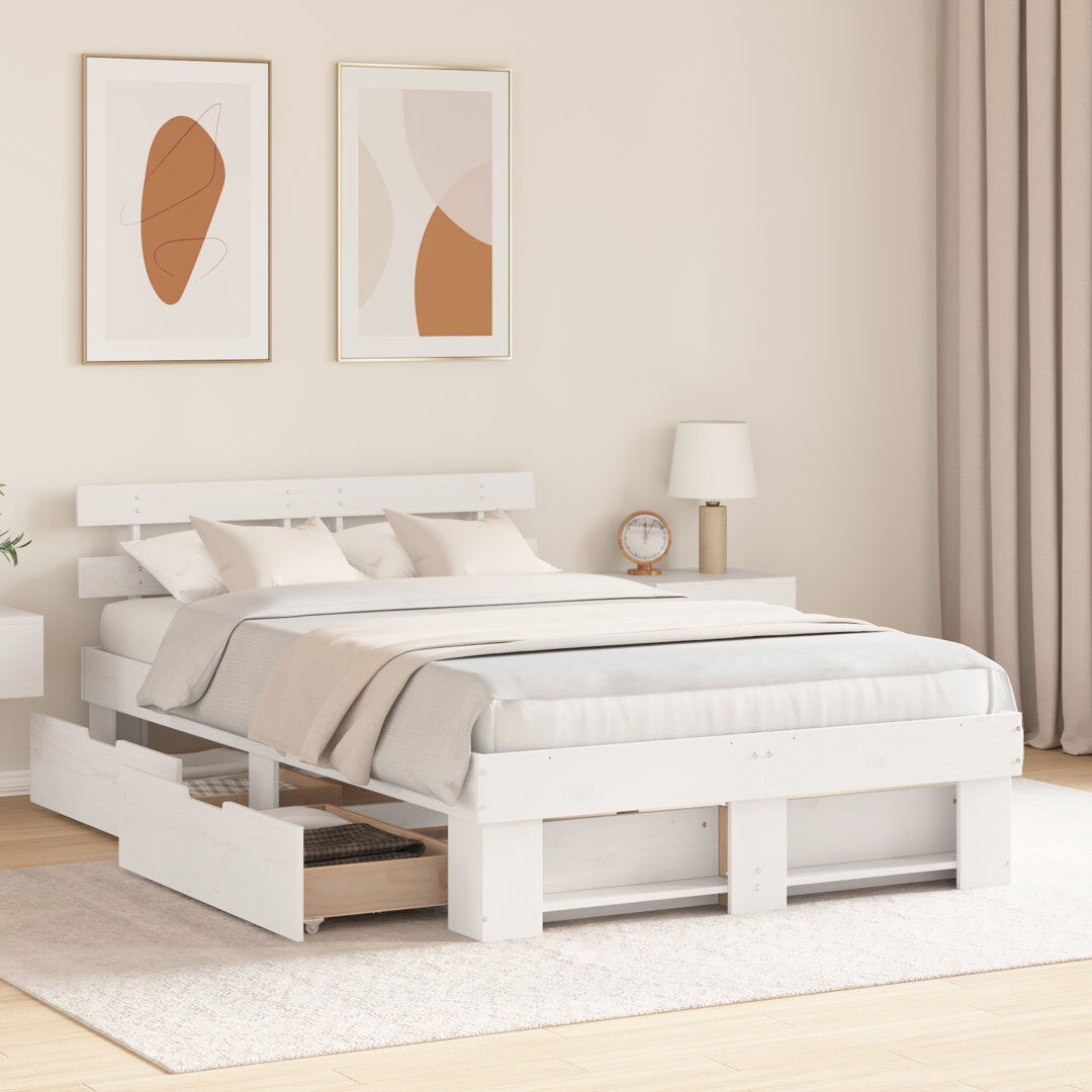 Gracie Oaks Bed Frame with Headboard Solid Pine Wood White 140 x 190cm