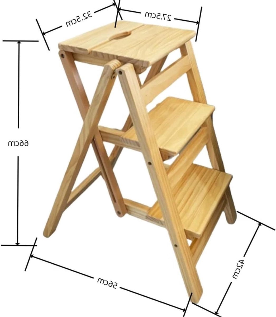 Multifunctionele houten opvouwbare trapladder met 3 treden - Beige