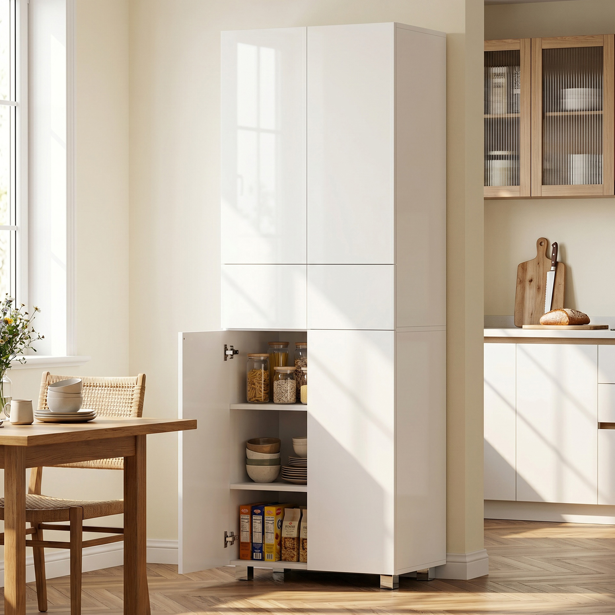 Homcom Dispensa Cucina con 4 Ante, 3 Ripiani Regolabili e Mensole a 5 Livelli in MDF e Truciolato, 60x35x170 cm, Bianco Lucido Aosom