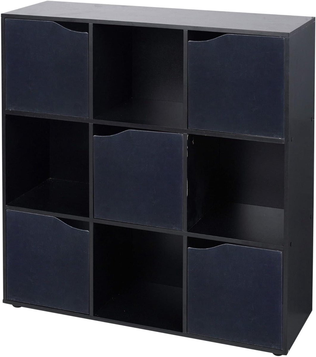 Modulaire Kubus Boekenkast met 9 vakken en deur - Zwart - Houten opbergkast