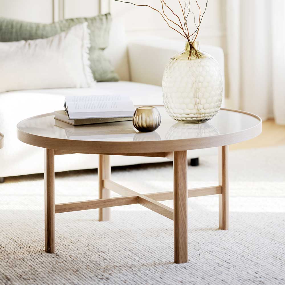 Pharao24.de Moderner Sofatisch aus Keramik in Beige Eiche Massivholz