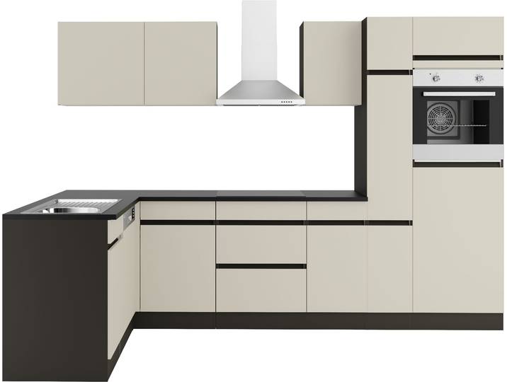 Küchenzeile OPTIFIT Roth , beige (küche: natur, front: satin, korpus: anthrazit, arbeitsplatte: anthrazit), B:300cm H:206,8cm T:60cm, Komplettküchen-Sets, Küchenzeile, Stellmasse 300x175 cm, wahlweise mit E-Geräten, mit Apothekerschrank