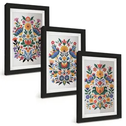 BILDER SET 3er Set - 20x30 cm Schwarzer Rahmen - Blumenmuster in intensiven Farben