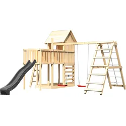 Akubi Stelzenhaus Frieda mit Wellenrutsche anthrazit, Doppelschaukelanbau, Klettergerüst, Anbauplattform und Kletterwand