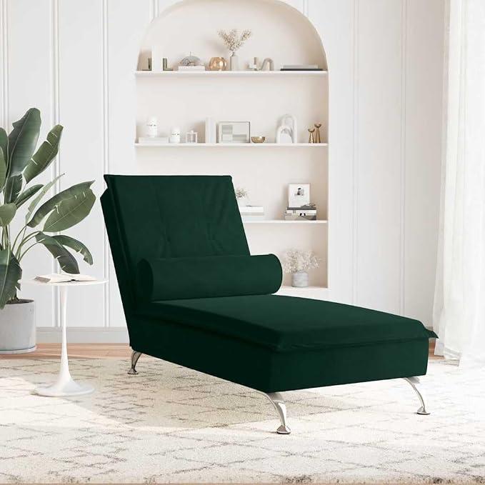 Massage-Chaiselongue Dunkelgrün Samt mit Nackenrolle, USB-Vibrationsfunktion, 136,5x56x75 cm, Metallgestell, Polsterung für Wohnzimmer, Leseecke und Gästezimmer entspannte Ruheliege