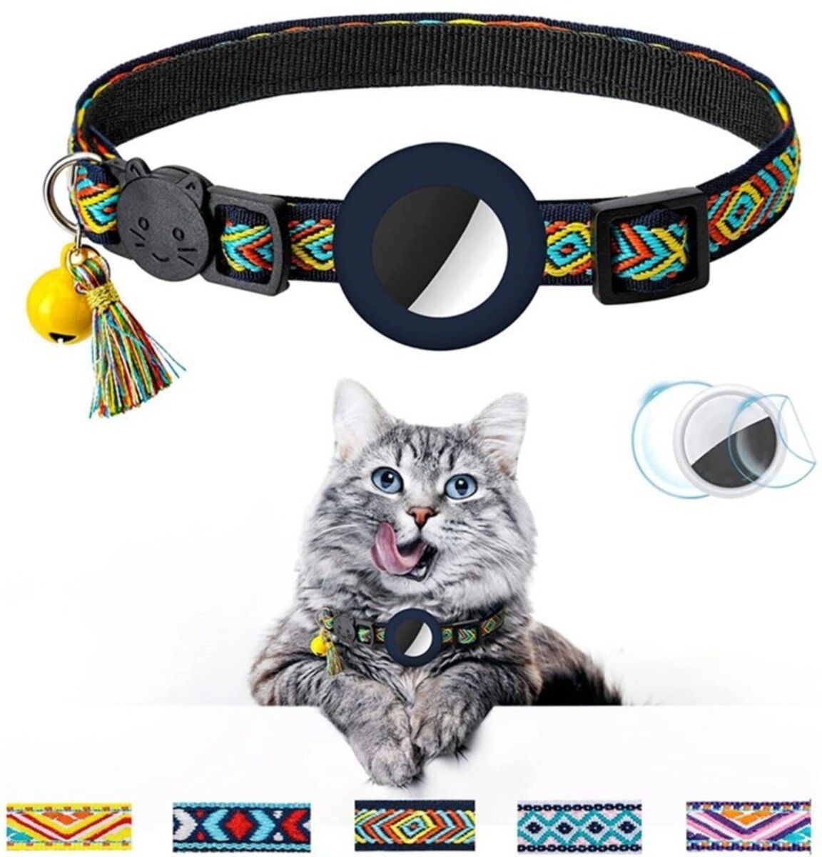 INF Haustierhalsband mit Quaste und Glocke für AirTag — verstellbares Polyesterhalsband kompatibel mit Apple AirTag Dunkelblau