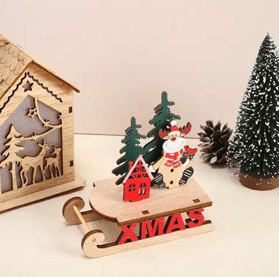 Inspire Picks Rustic Wooden Christmas Sleigh Decoration With Santa & Snowman style 3