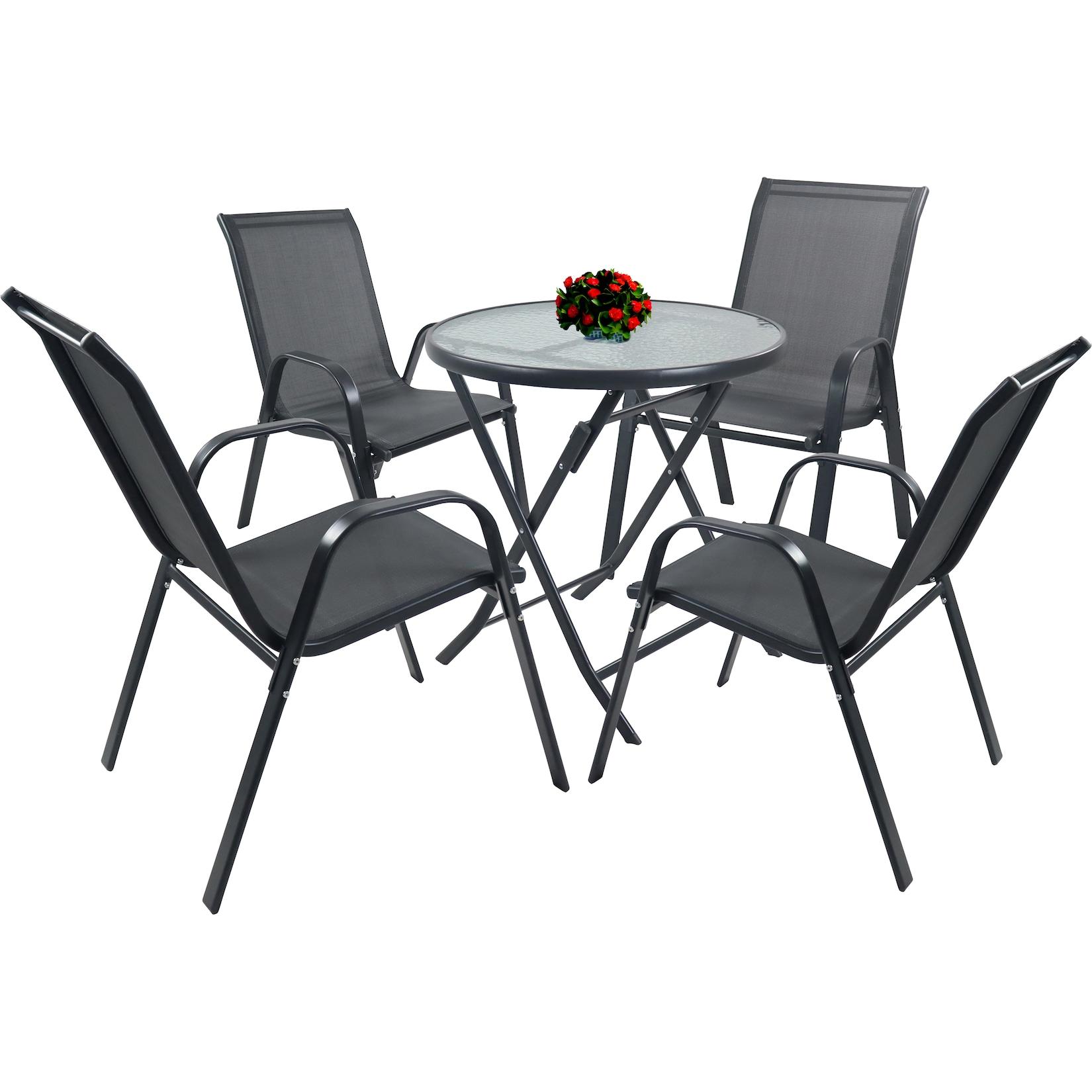VCM 5-teilig Balkonmöbel Set, runder Gartentisch Ø 70 cm mit 4 Stühlen, Metall & Textilene, wetterbeständig, platzsparend für Balkon & Terrasse, Sonlas