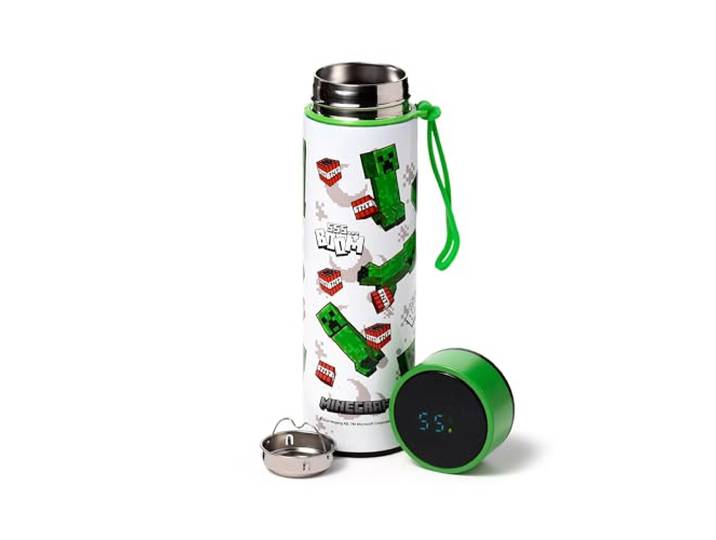 Puckator Creeper & TNT Thermosfles van staal met led-thermometer, Minecraft drinkfles 450 ml, dubbelwandig design
