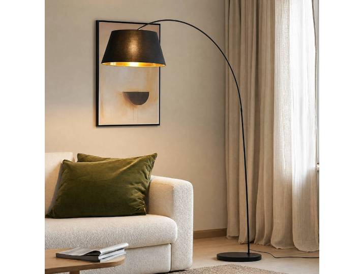Bogenlampe Esti Lindby, schwarz, für Wohn- / Esszimmer, Textil / Stoff / Seide, Modern