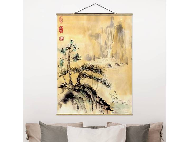 Stoffbild Japanische Zedern und Berge Webstoff Gelb 35 x 47cm