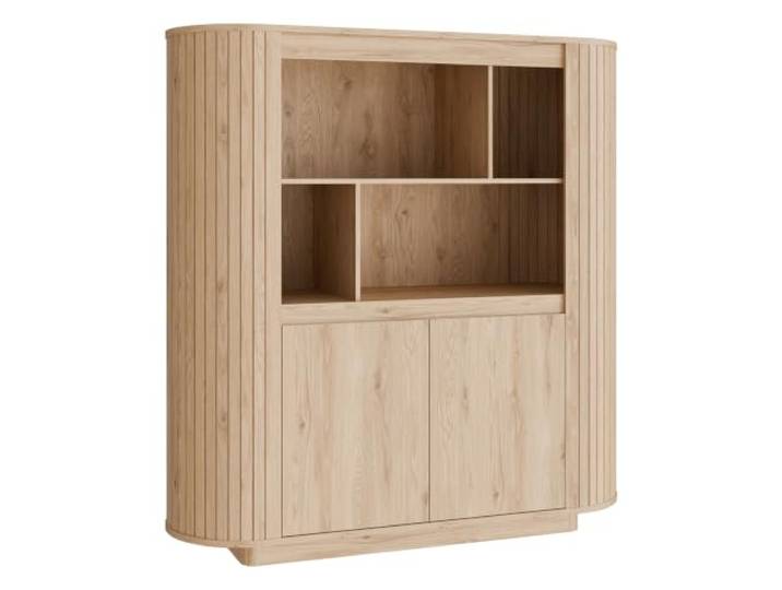 Forte CHIKUMA Highboard 160 170, 2-türiges Highboard, 4 offene Fächer, 2-türig, Lamellendetails, runde Seiten, Holzwerkstoff, Wildeiche Natur Holzdekor, 162 cm breit x 170,2 cm hoch x 52,7 cm tief