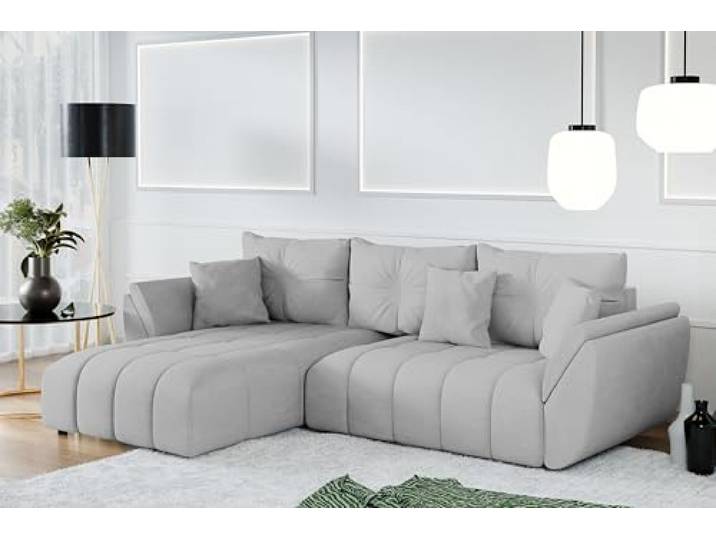 AX Living Ecksofa mit Schlaffunktion Verciani L Sofa Hellgrau 280 cm Eckschlafcouch mit Bettkasten. Wohnlandschaft L Form mit komfortabler Schlaffunktion. Liegefläche von 235x133 cm.