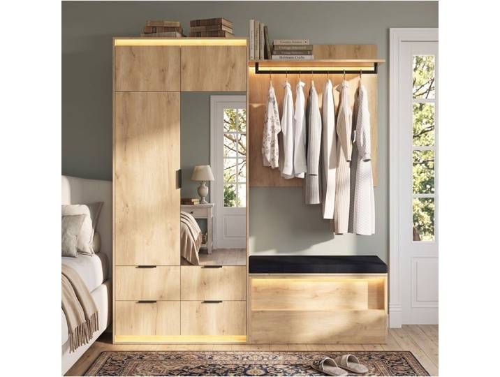 Ensemble dressing d'entrée 180 x 47 x 200 cm armoire penderie miroir banc rembourré et éclairage LED chêne